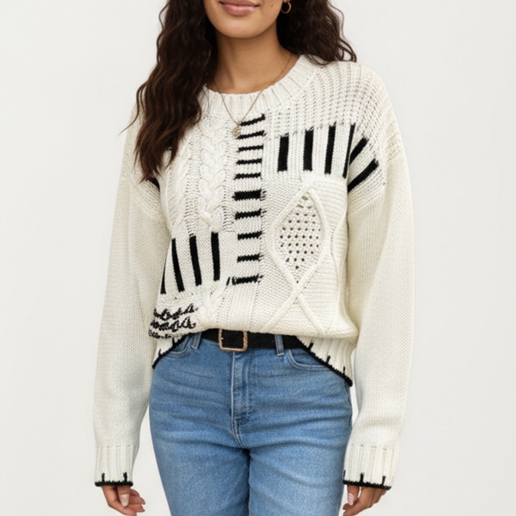 Anna-Kaci Women's Textured Patchwork Cable Knit Sweater with Long Sleeves and Contrast Stitching