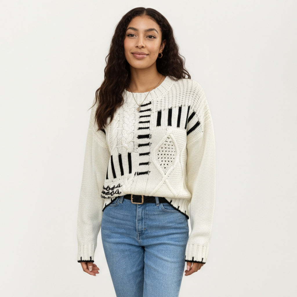 Anna-Kaci Women's Textured Patchwork Cable Knit Sweater with Long Sleeves and Contrast Stitching