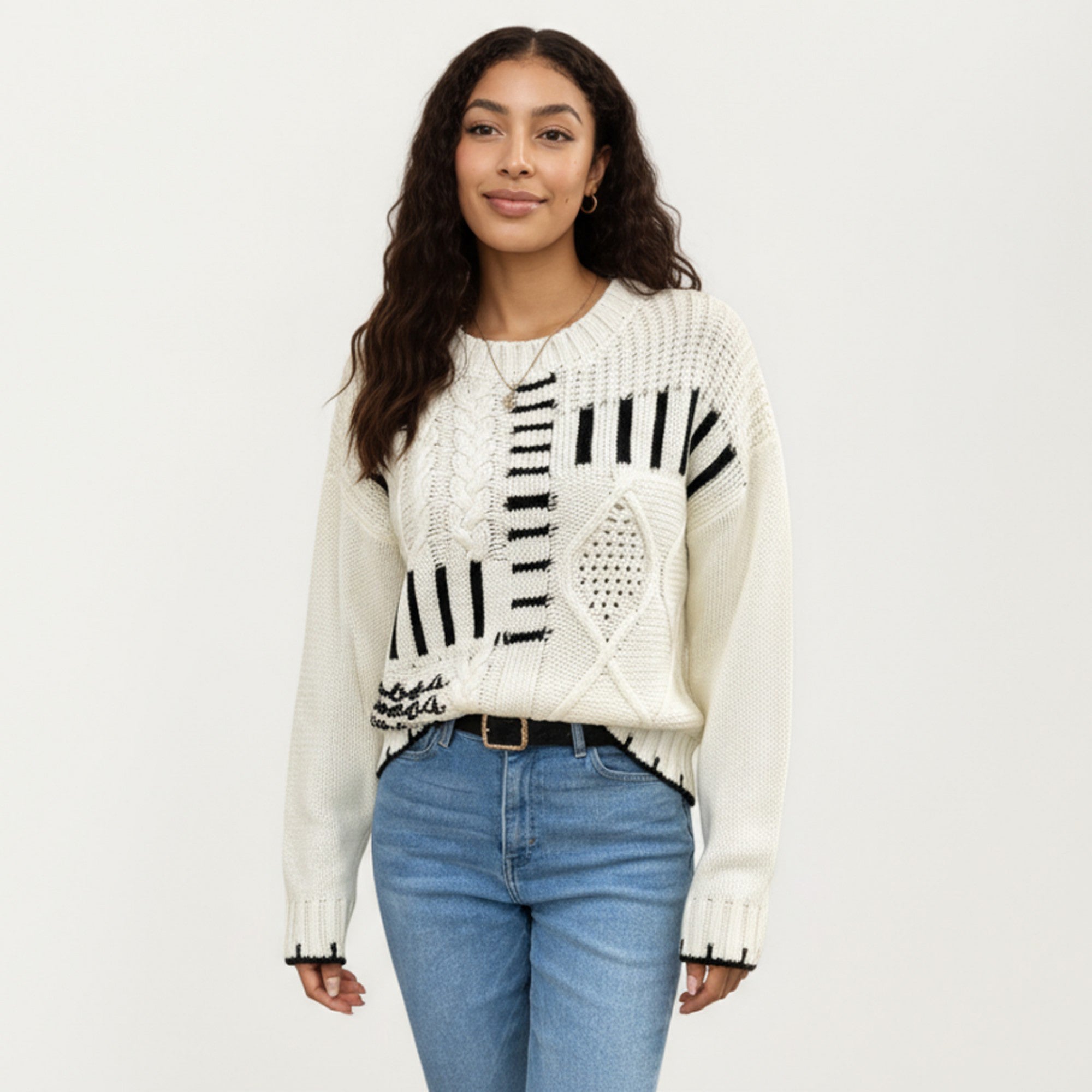 Anna-Kaci Women's Textured Patchwork Cable Knit Sweater with Long Sleeves and Contrast Stitching