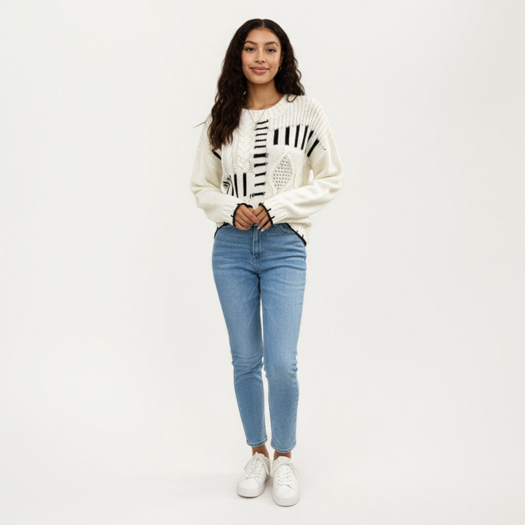 Anna-Kaci Women's Textured Patchwork Cable Knit Sweater with Long Sleeves and Contrast Stitching