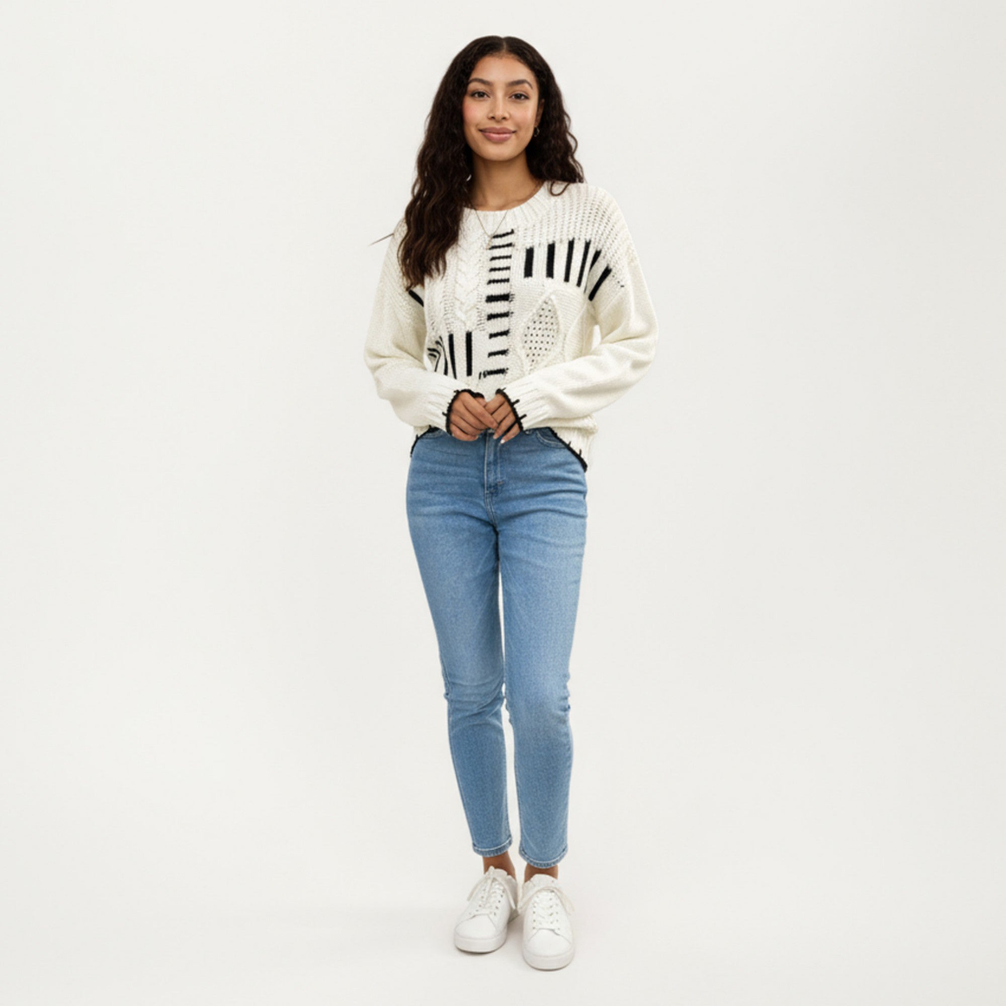 Anna-Kaci Women's Textured Patchwork Cable Knit Sweater with Long Sleeves and Contrast Stitching