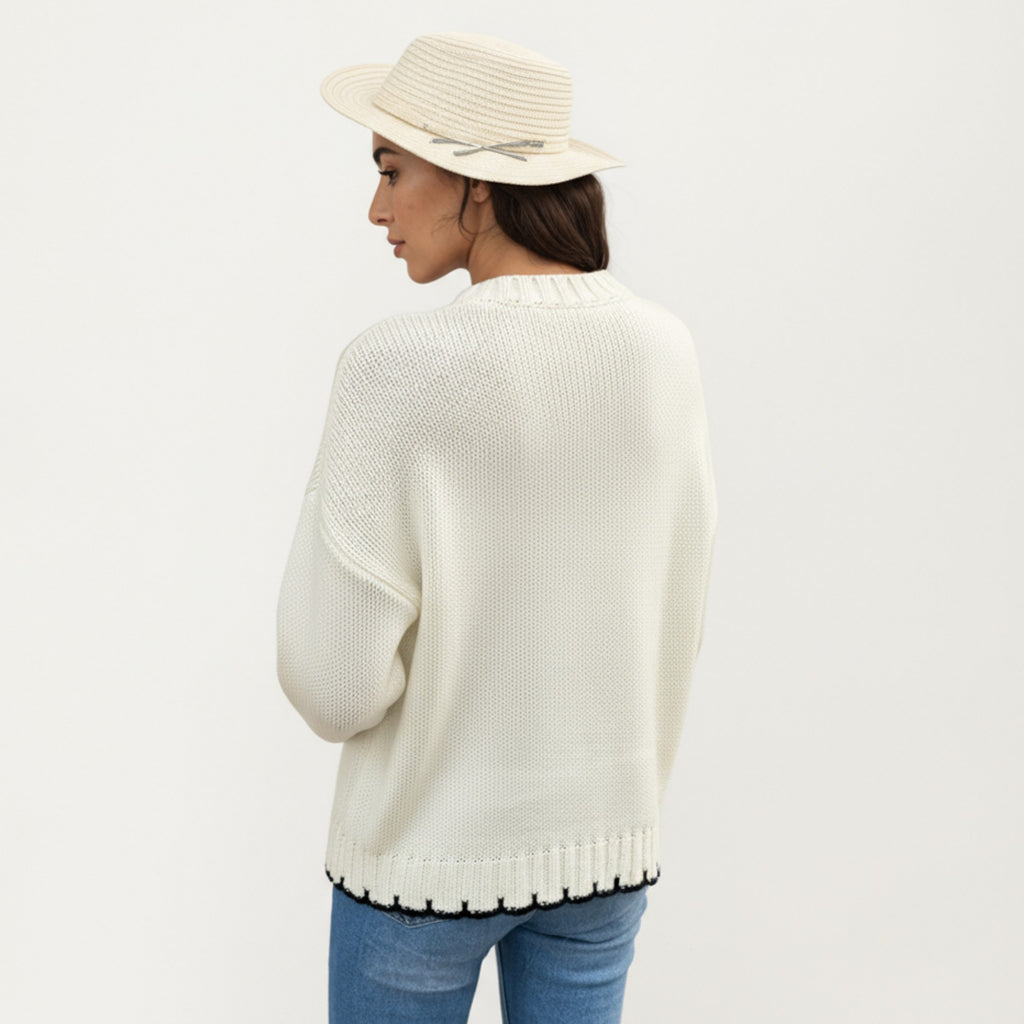 Anna-Kaci Women's Textured Patchwork Cable Knit Sweater with Long Sleeves and Contrast Stitching
