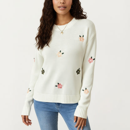 Anna-Kaci Women's Long Sleeve Knit Sweater with Embroidered Floral Pattern and Ribbed Trim