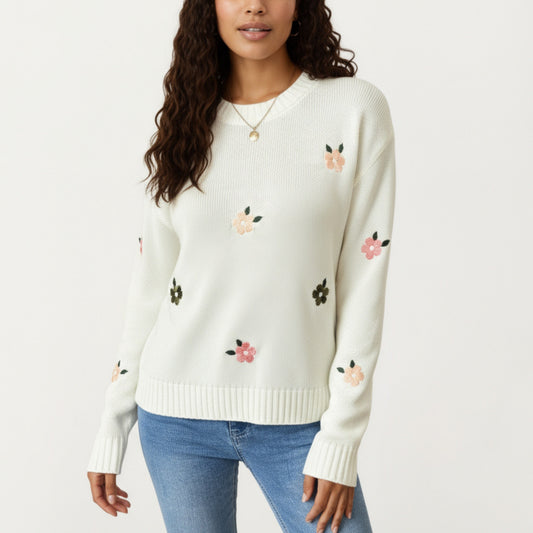 Anna-Kaci Women's Long Sleeve Knit Sweater with Embroidered Floral Pattern and Ribbed Trim