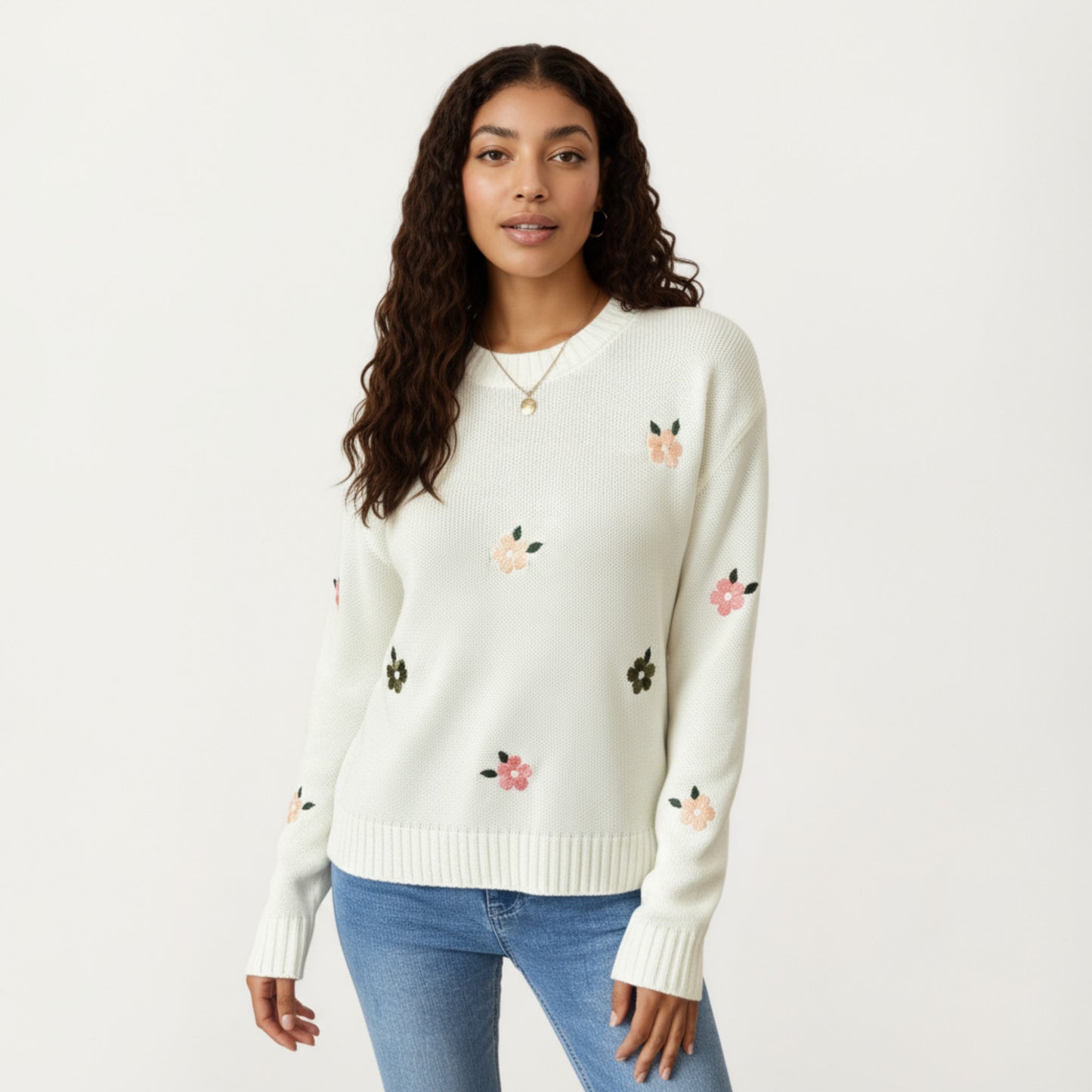 Anna-Kaci Women's Long Sleeve Knit Sweater with Embroidered Floral Pattern and Ribbed Trim