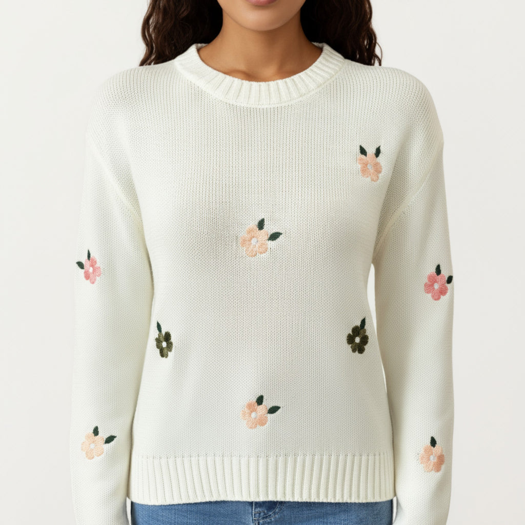 Anna-Kaci Women's Long Sleeve Knit Sweater with Embroidered Floral Pattern and Ribbed Trim
