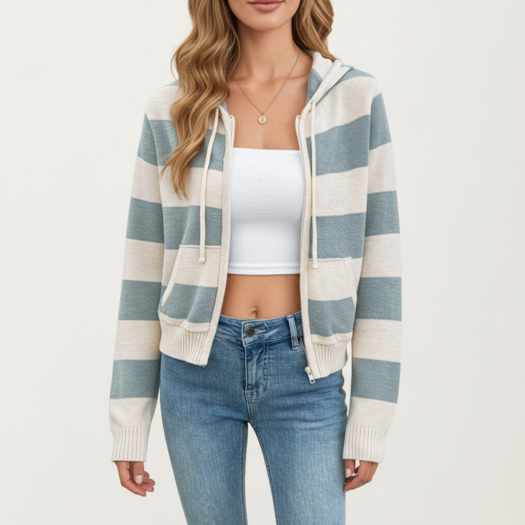 Anna-Kaci Women's Striped Knit Zip-Up Hoodie with Drawstring and Front Pockets