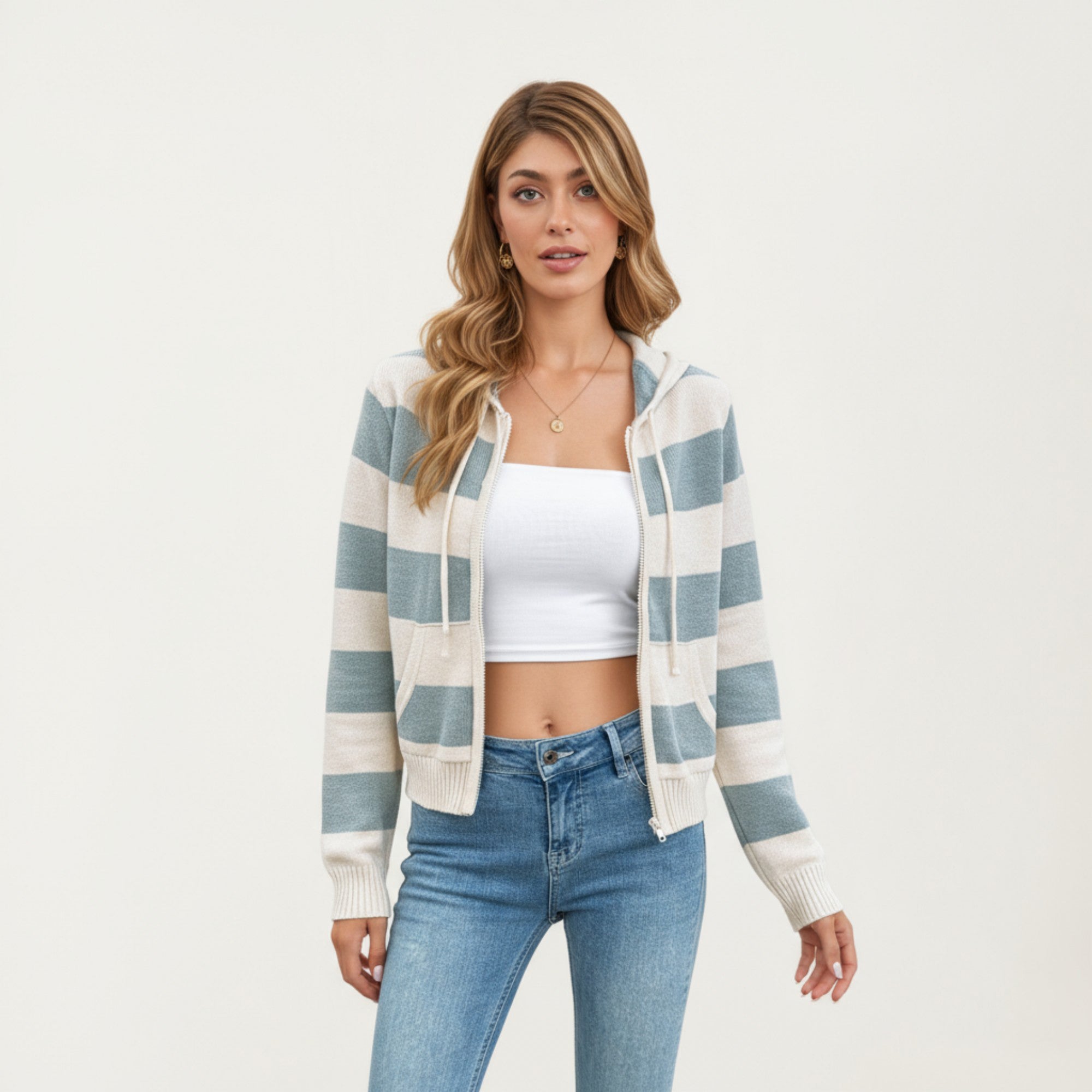 Anna-Kaci Women's Striped Knit Zip-Up Hoodie with Drawstring and Front Pockets