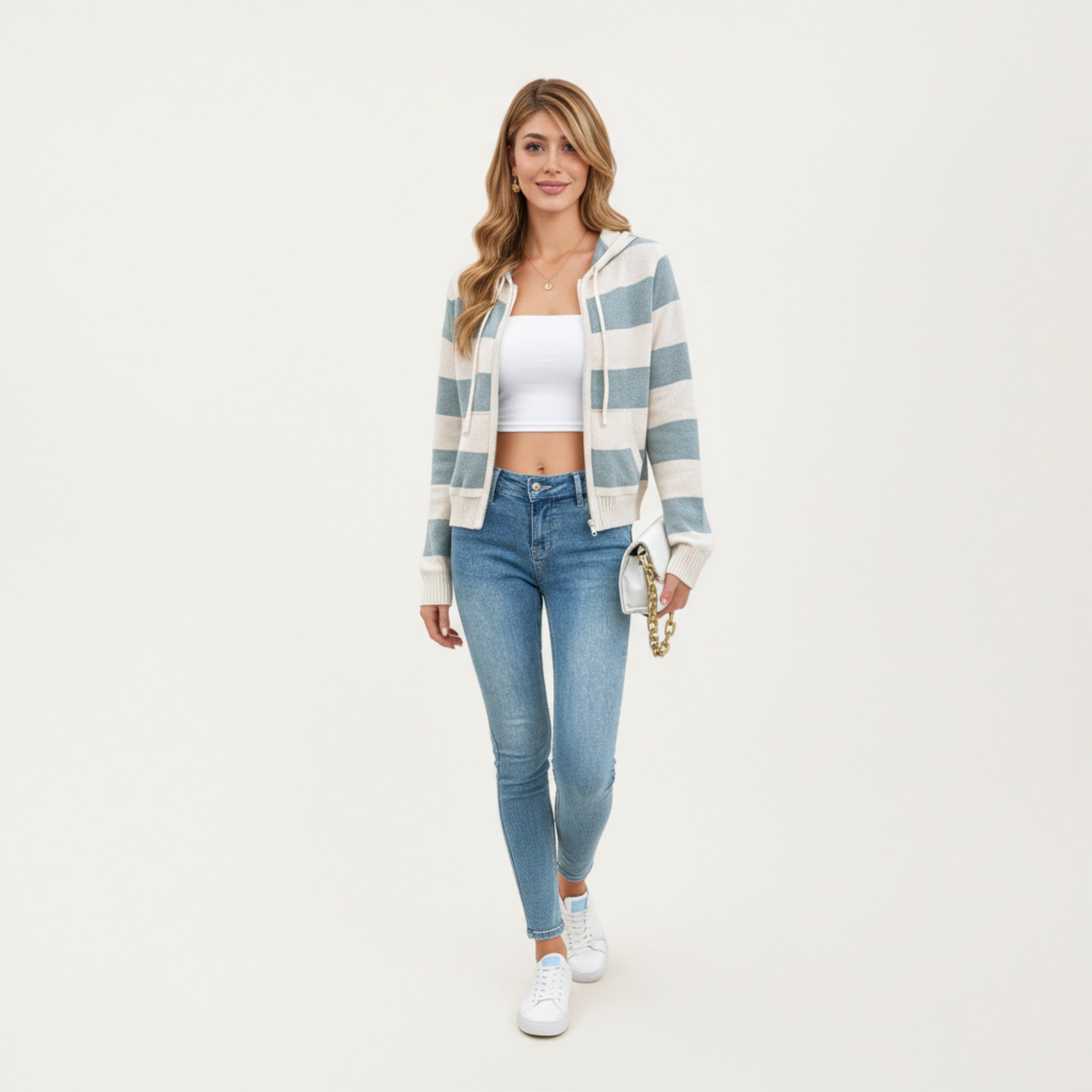 Anna-Kaci Women's Striped Knit Zip-Up Hoodie with Drawstring and Front Pockets