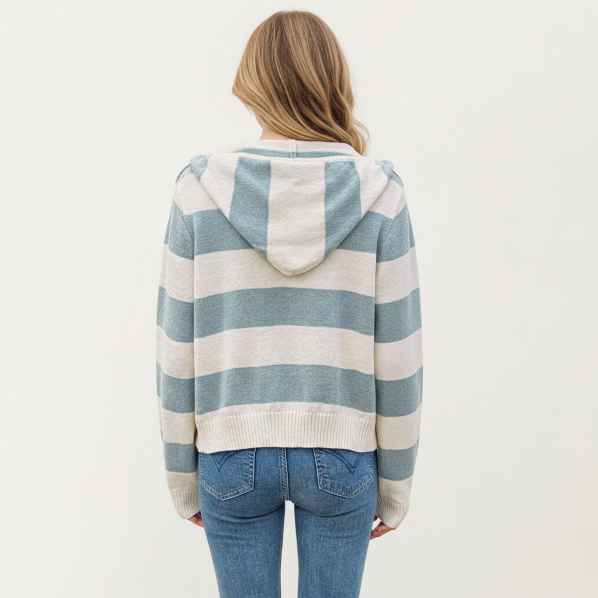 Anna-Kaci Women's Striped Knit Zip-Up Hoodie with Drawstring and Front Pockets