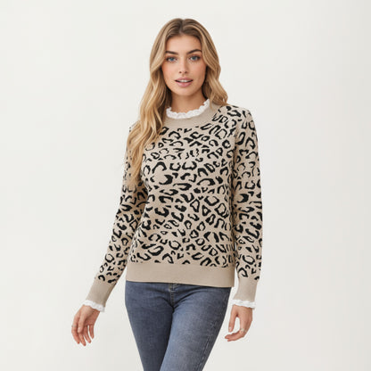 Anna-Kaci Women's Leopard Print Knit Sweater with Ribbed Trim and Long Sleeves