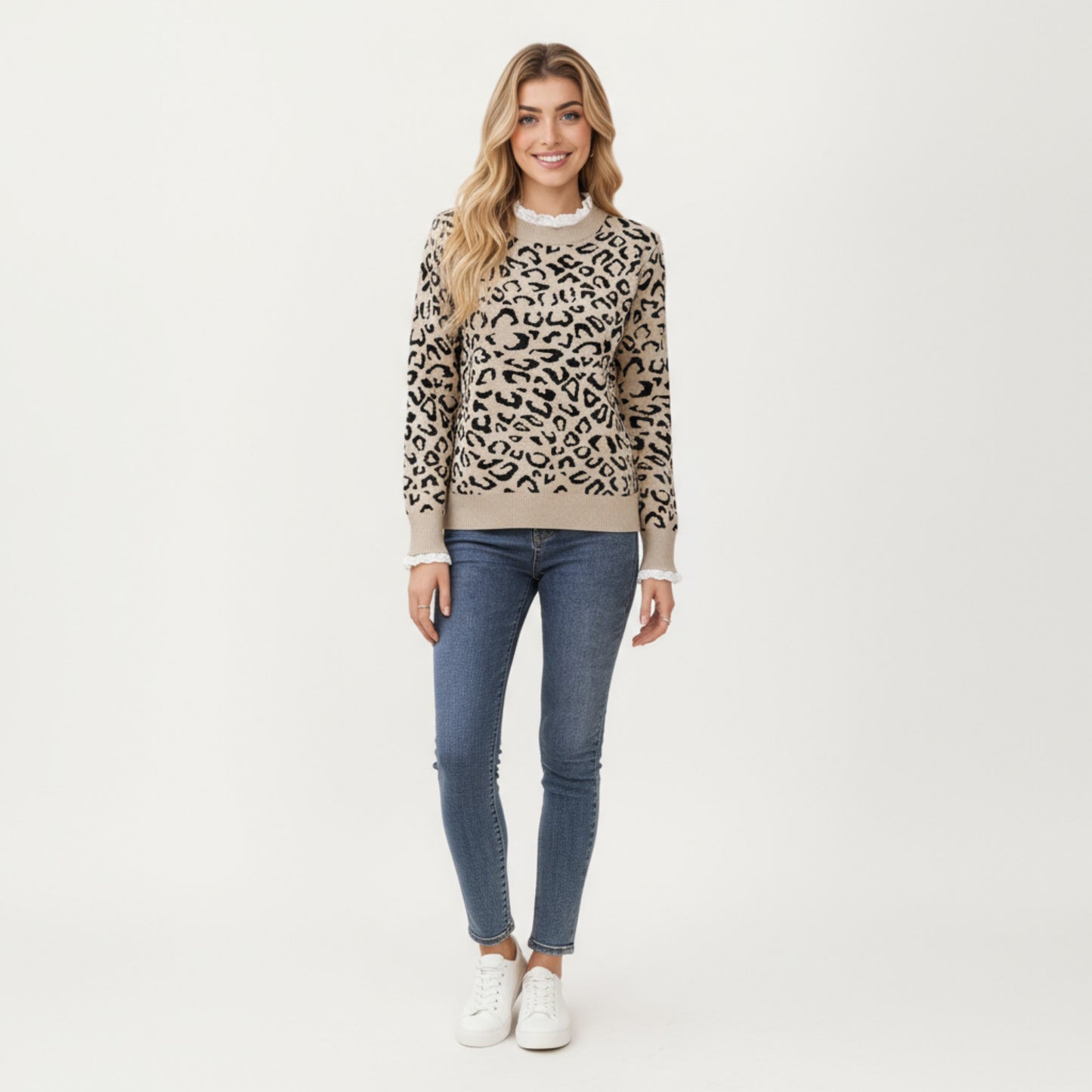 Anna-Kaci Women's Leopard Print Knit Sweater with Ribbed Trim and Long Sleeves