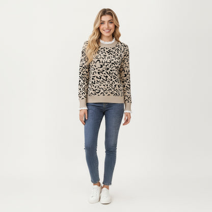 Anna-Kaci Women's Leopard Print Knit Sweater with Ribbed Trim and Long Sleeves