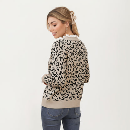 Anna-Kaci Women's Leopard Print Knit Sweater with Ribbed Trim and Long Sleeves