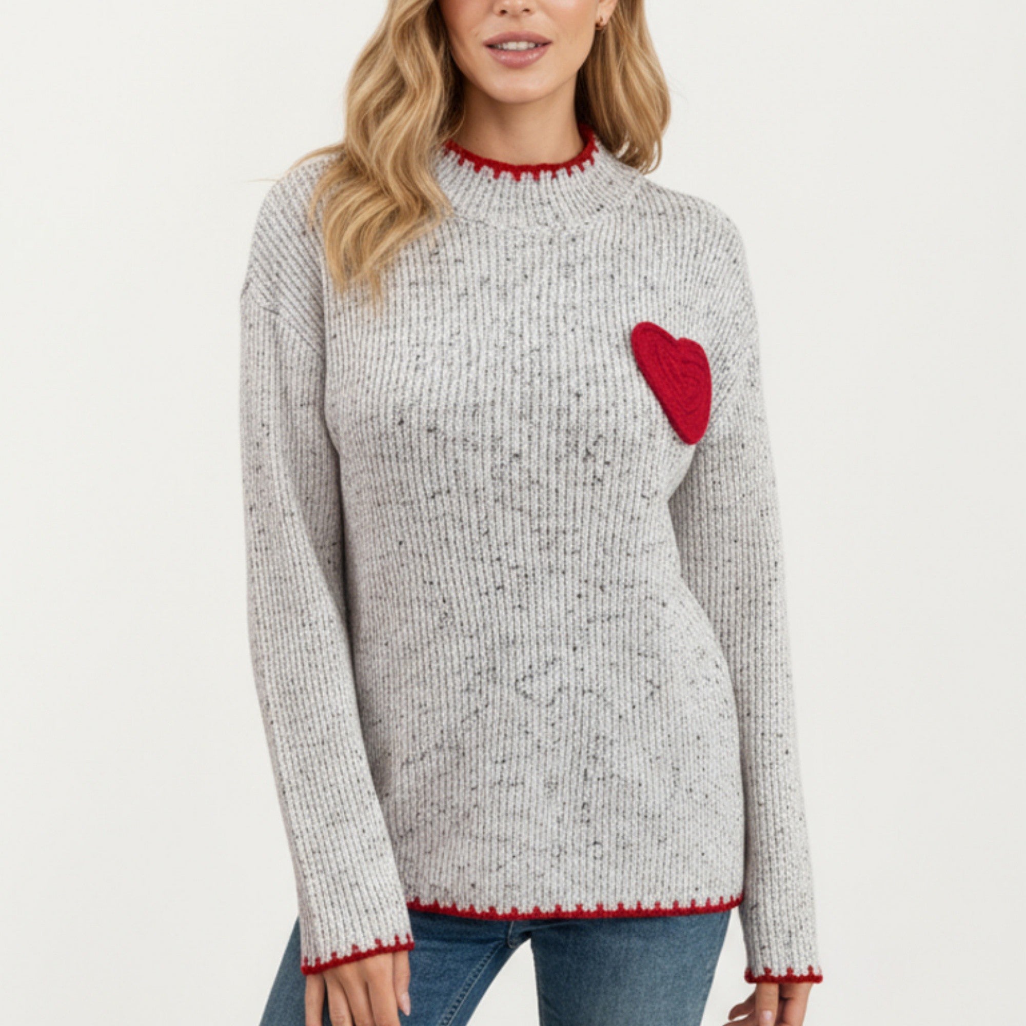 Anna-Kaci Women's Rib Knit Sweater with Contrast Red Heart Patch and Trim Detailing