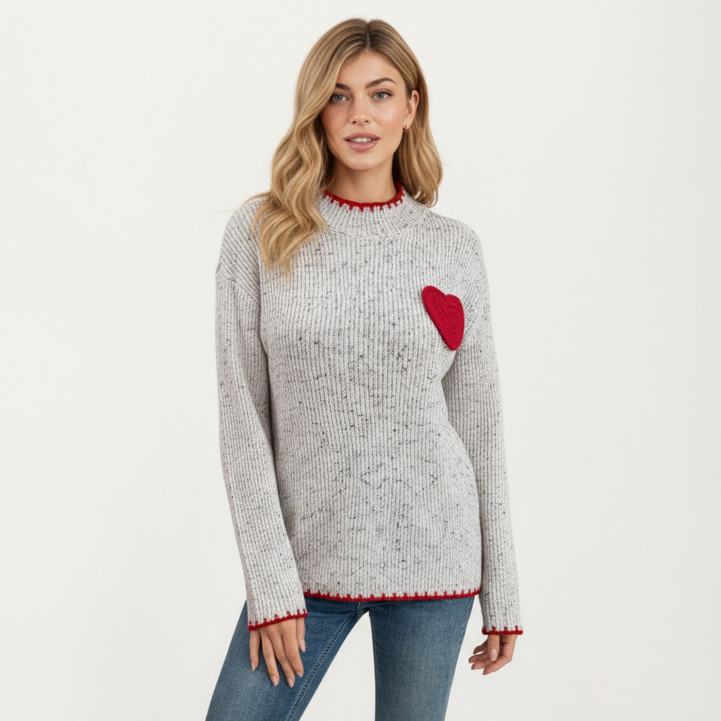 Anna-Kaci Women's Rib Knit Sweater with Contrast Red Heart Patch and Trim Detailing