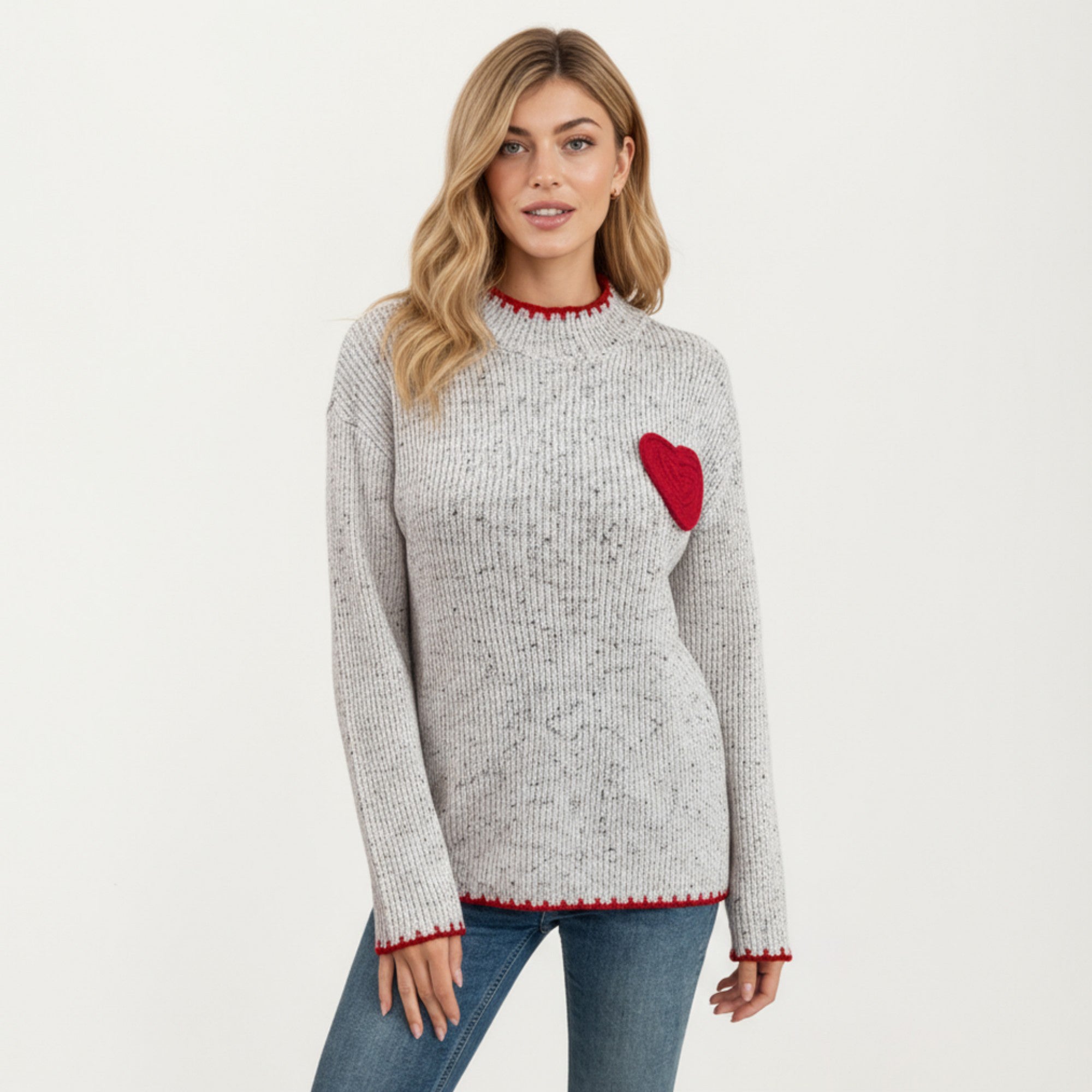 Anna-Kaci Women's Rib Knit Sweater with Contrast Red Heart Patch and Trim Detailing