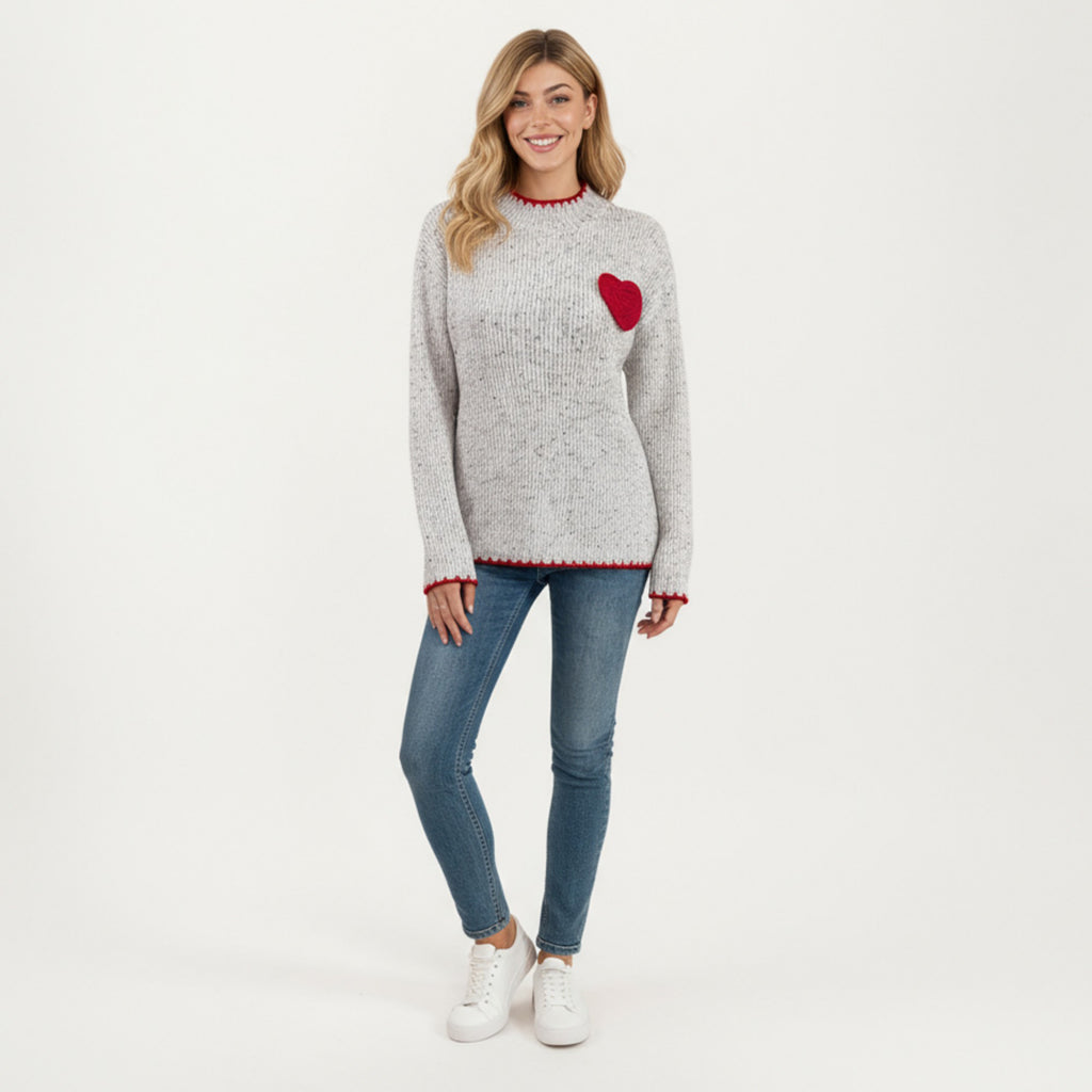 Anna-Kaci Women's Rib Knit Sweater with Contrast Red Heart Patch and Trim Detailing