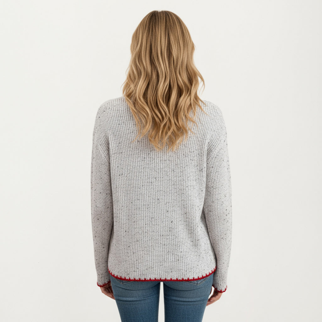 Anna-Kaci Women's Rib Knit Sweater with Contrast Red Heart Patch and Trim Detailing