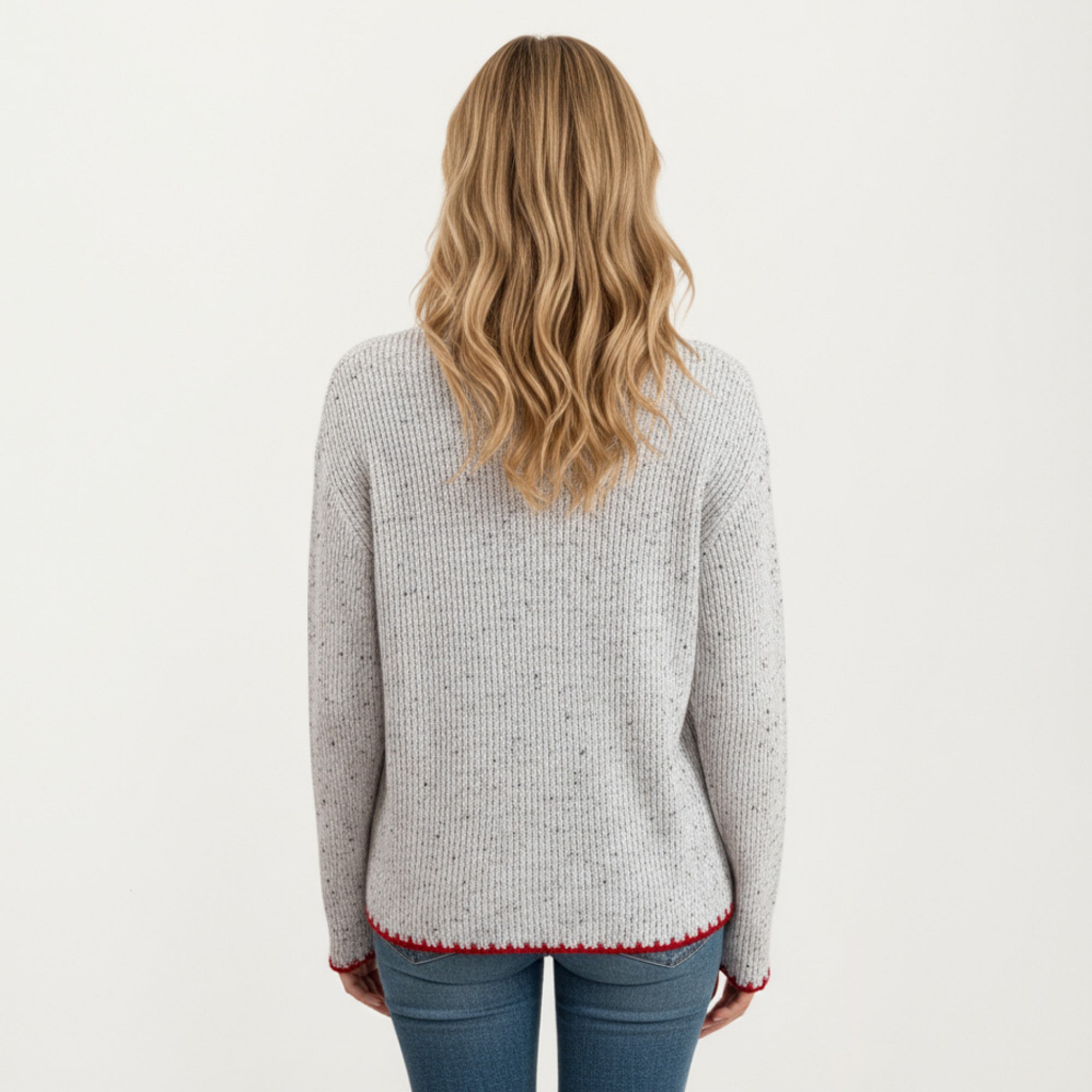 Anna-Kaci Women's Rib Knit Sweater with Contrast Red Heart Patch and Trim Detailing