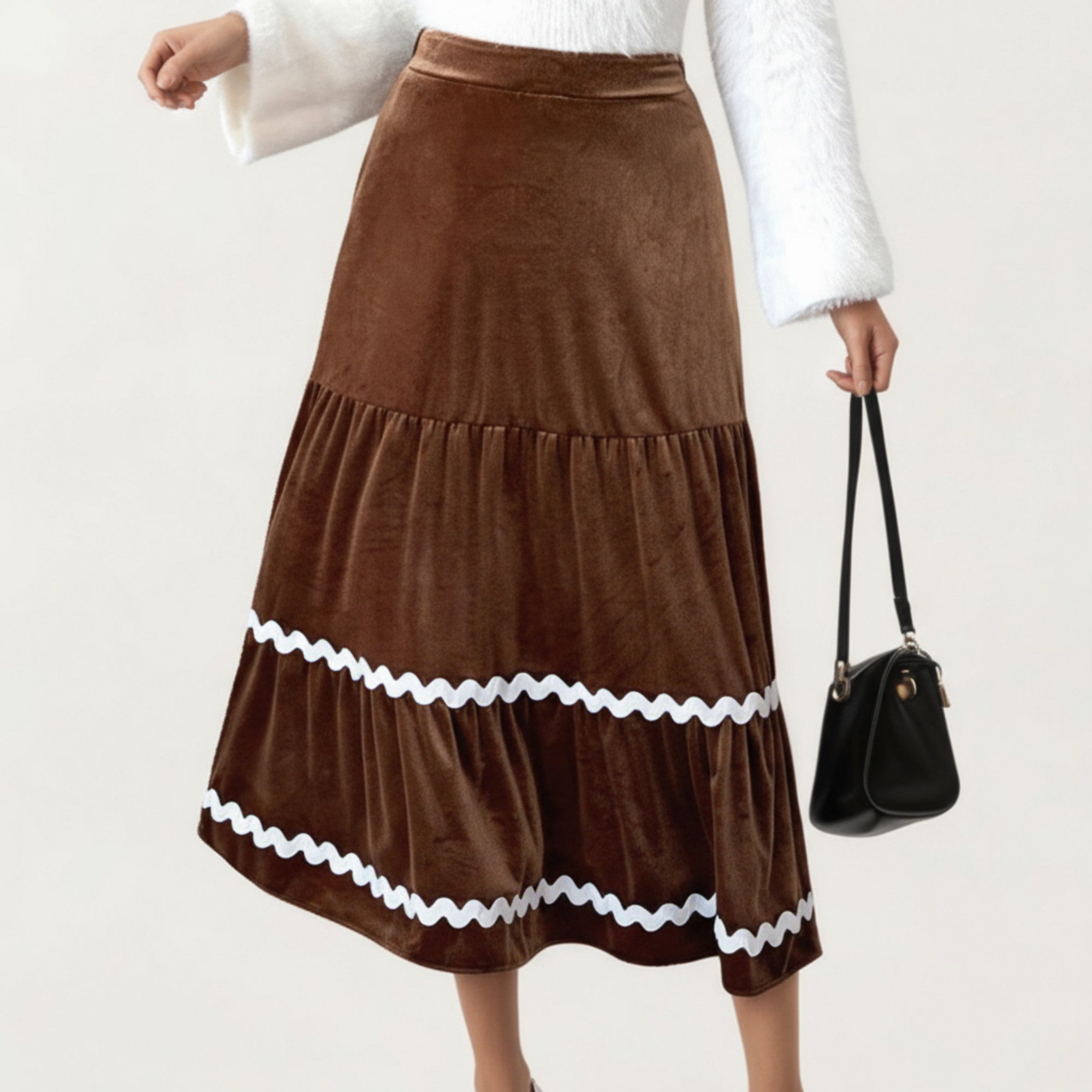 Anna-Kaci Women's Tiered Velvet Midi Skirt with Contrast Wavy Trim Detailing