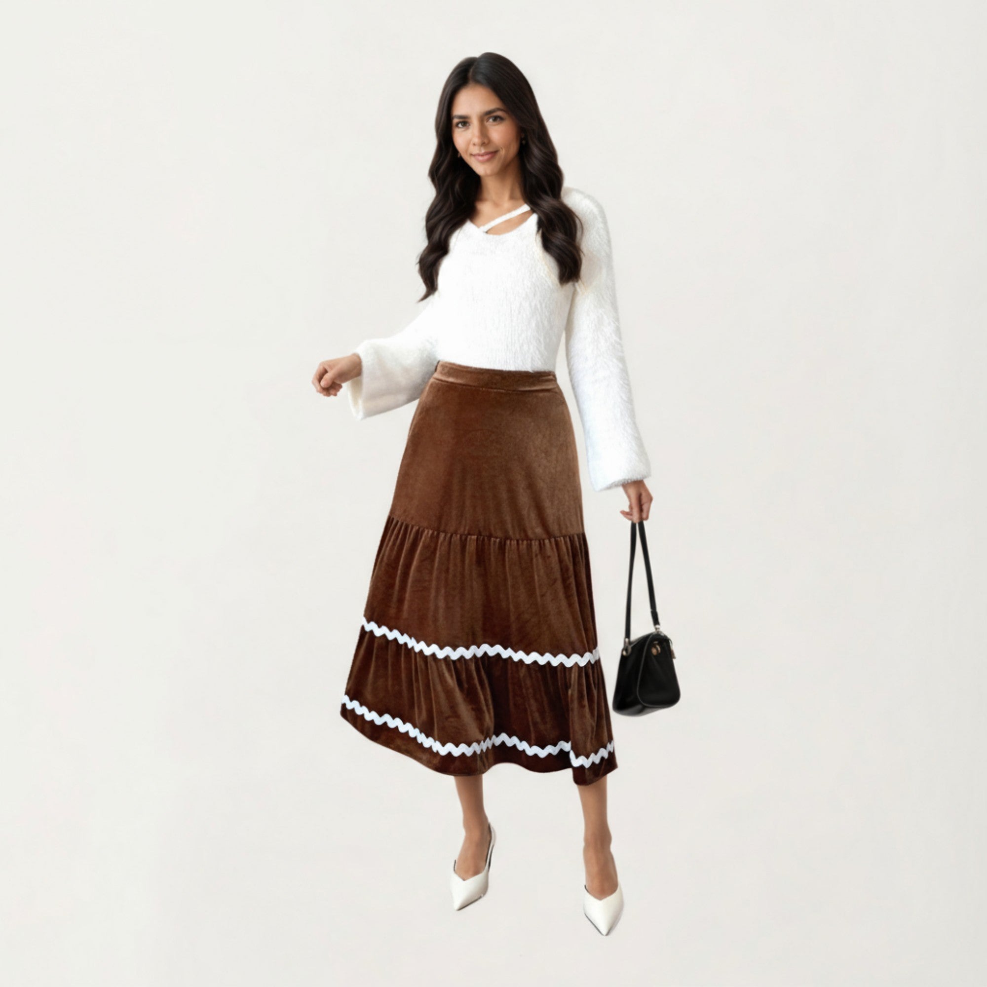 Anna-Kaci Women's Tiered Velvet Midi Skirt with Contrast Wavy Trim Detailing