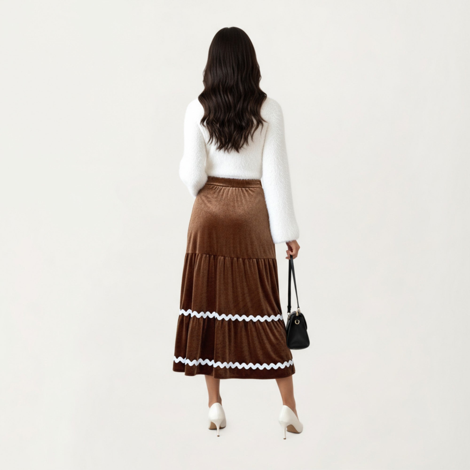 Anna-Kaci Women's Tiered Velvet Midi Skirt with Contrast Wavy Trim Detailing