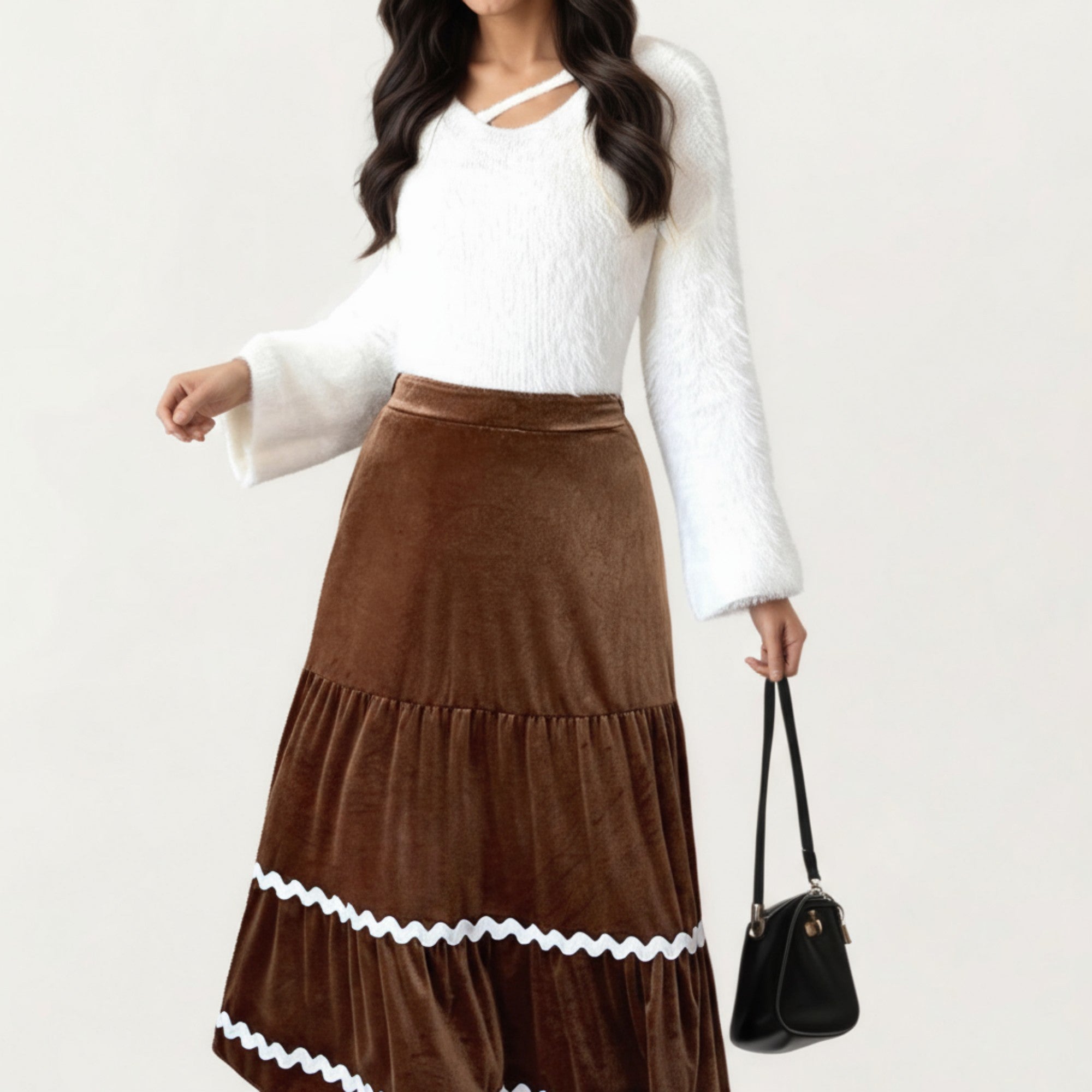 Anna-Kaci Women's Tiered Velvet Midi Skirt with Contrast Wavy Trim Detailing