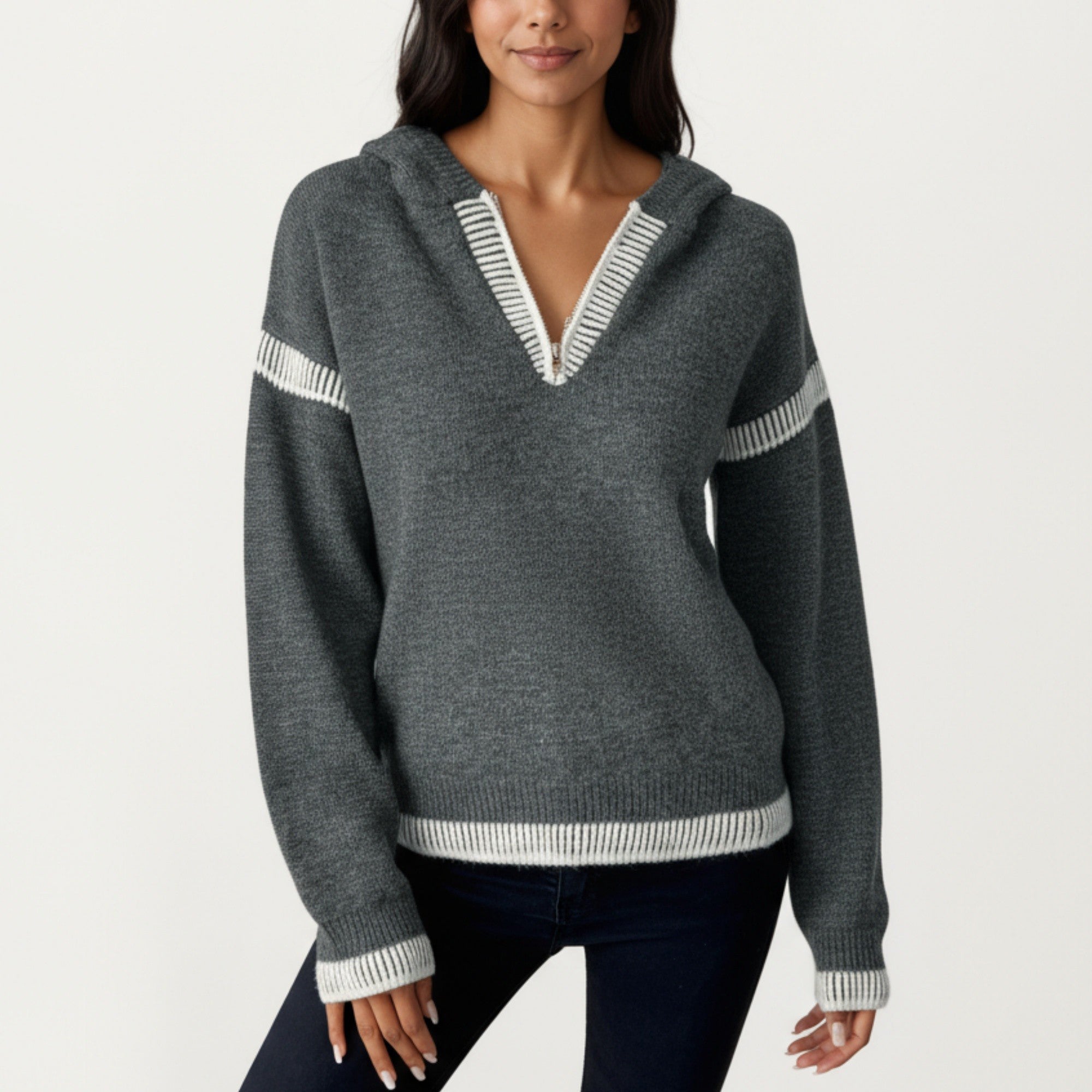 Anna-Kaci Women's Knit Hoodie Sweater with Contrast Rib Trim and Deep V-Neckline