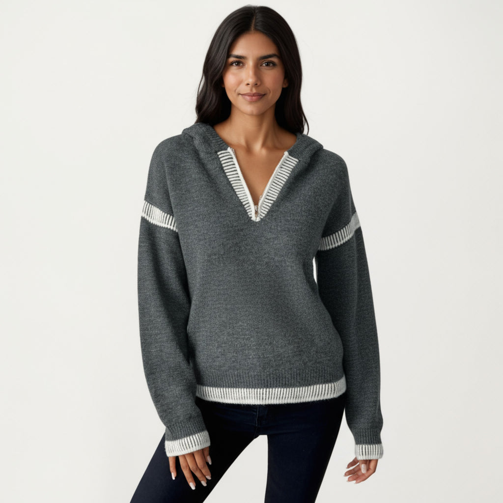 Anna-Kaci Women's Knit Hoodie Sweater with Contrast Rib Trim and Deep V-Neckline