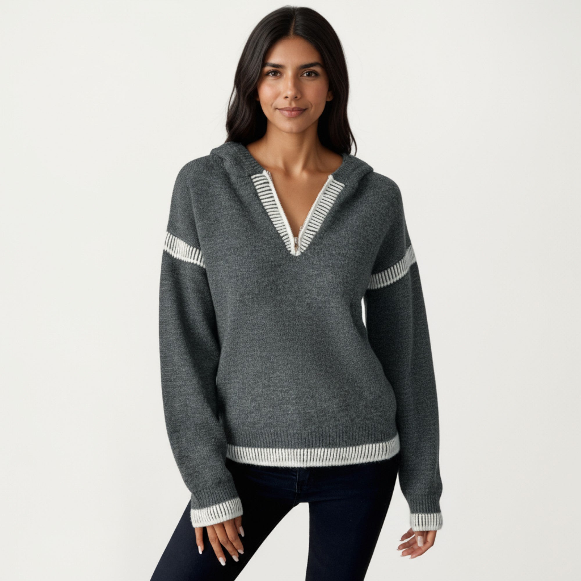 Anna-Kaci Women's Knit Hoodie Sweater with Contrast Rib Trim and Deep V-Neckline