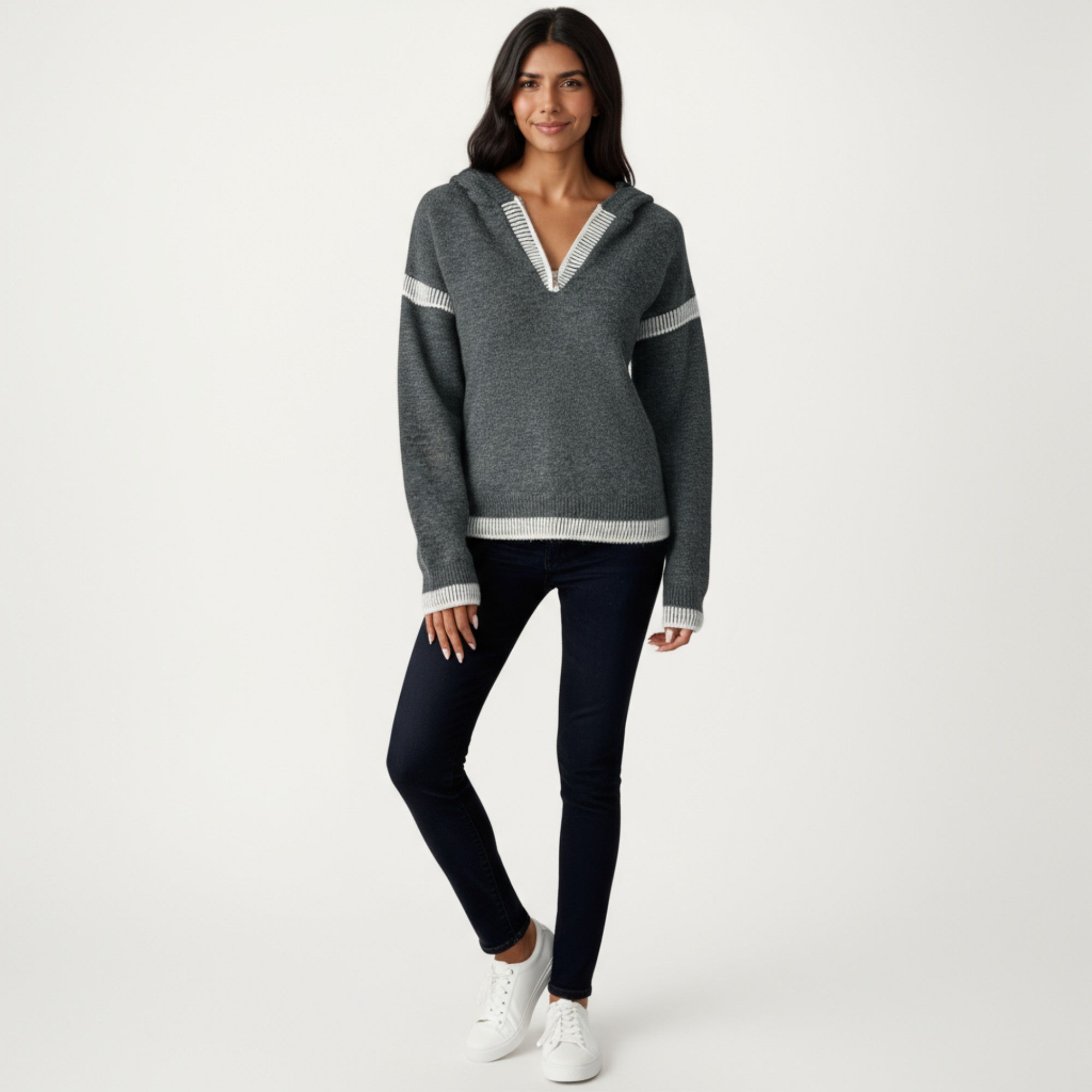 Anna-Kaci Women's Knit Hoodie Sweater with Contrast Rib Trim and Deep V-Neckline