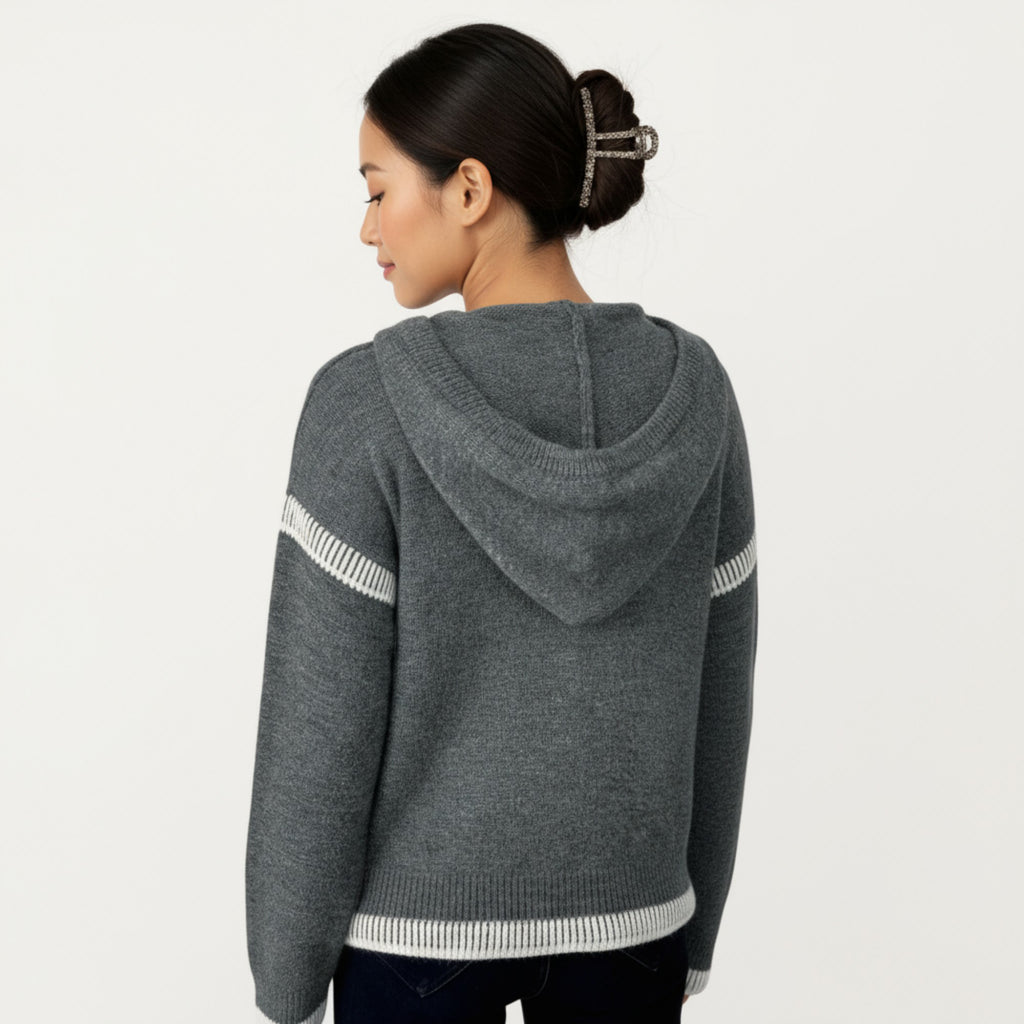 Anna-Kaci Women's Knit Hoodie Sweater with Contrast Rib Trim and Deep V-Neckline
