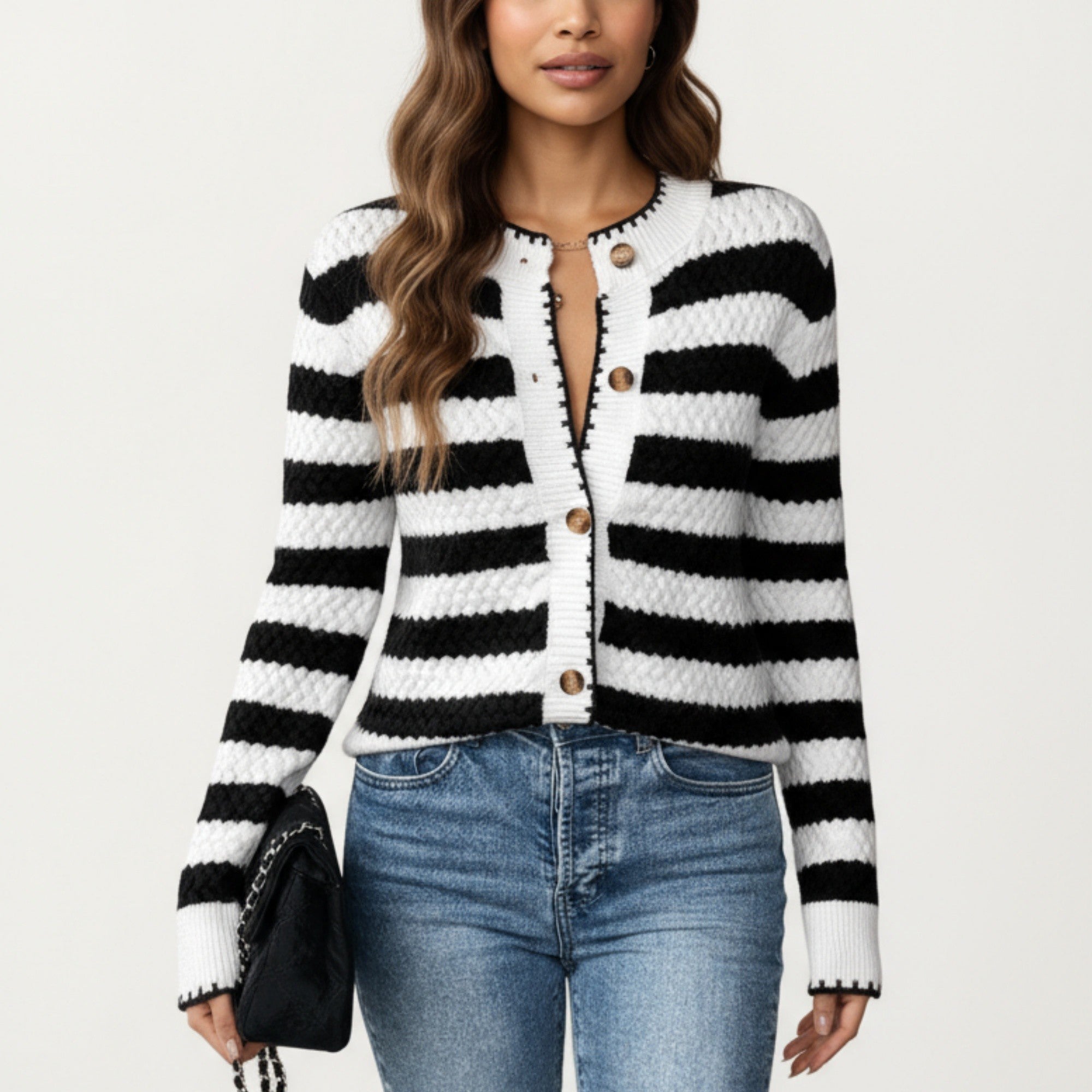 Anna-Kaci Women's Striped Button-Front Knit Cardigan with Contrast Edging and Long Sleeves