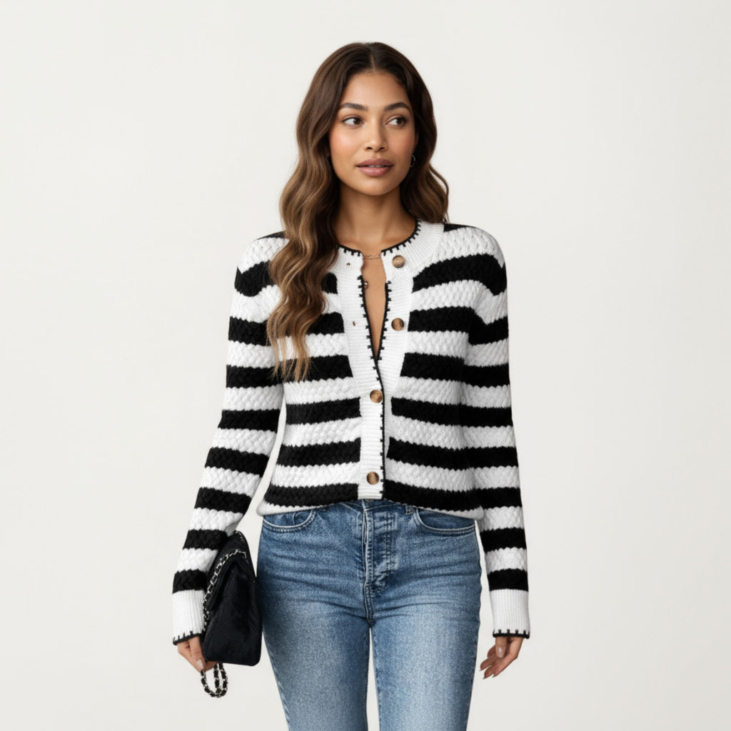 Anna-Kaci Women's Striped Button-Front Knit Cardigan with Contrast Edging and Long Sleeves