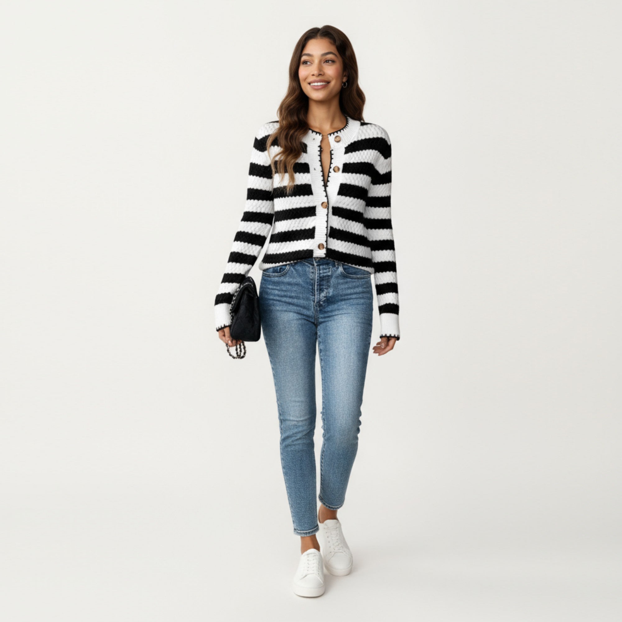 Anna-Kaci Women's Striped Button-Front Knit Cardigan with Contrast Edging and Long Sleeves