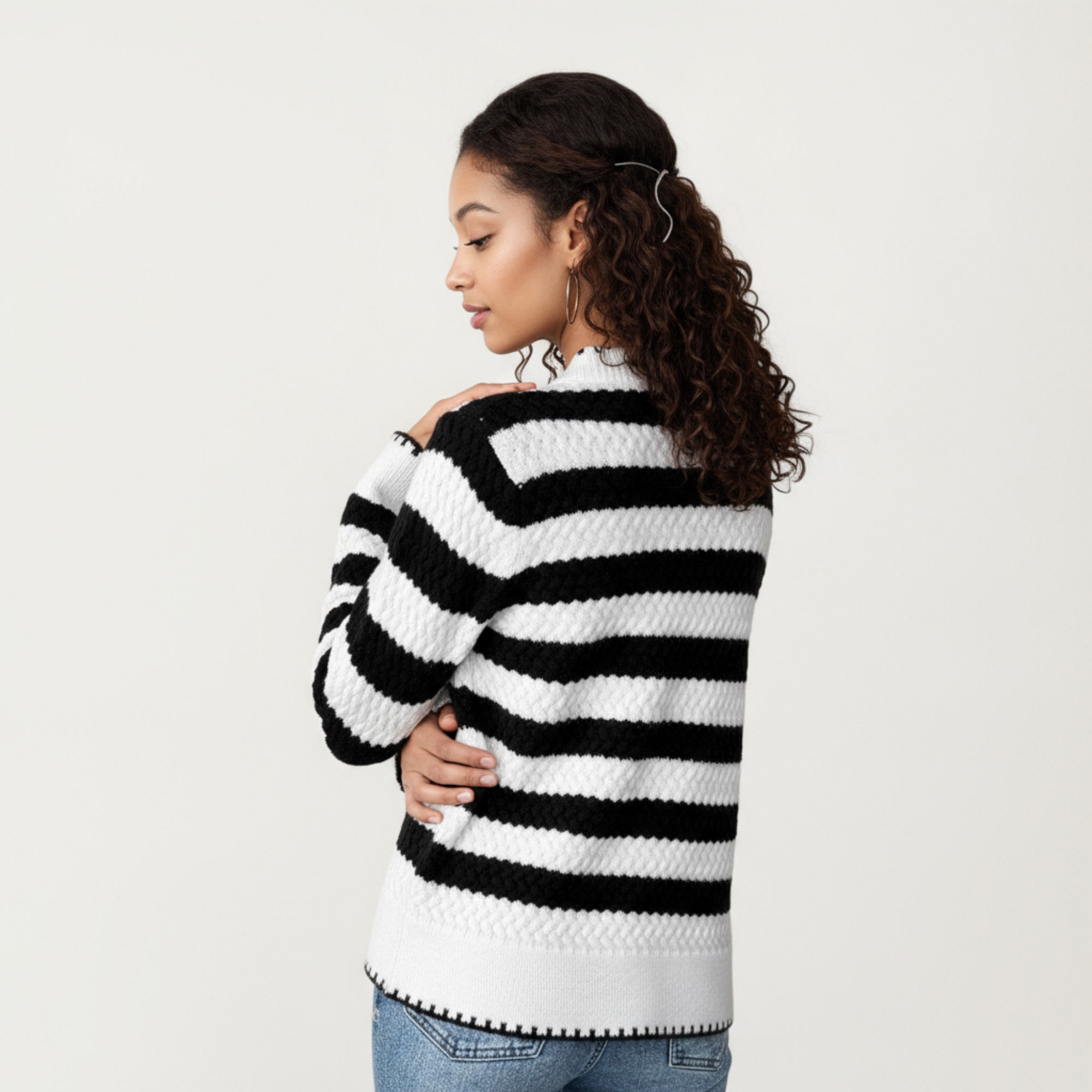 Anna-Kaci Women's Striped Button-Front Knit Cardigan with Contrast Edging and Long Sleeves