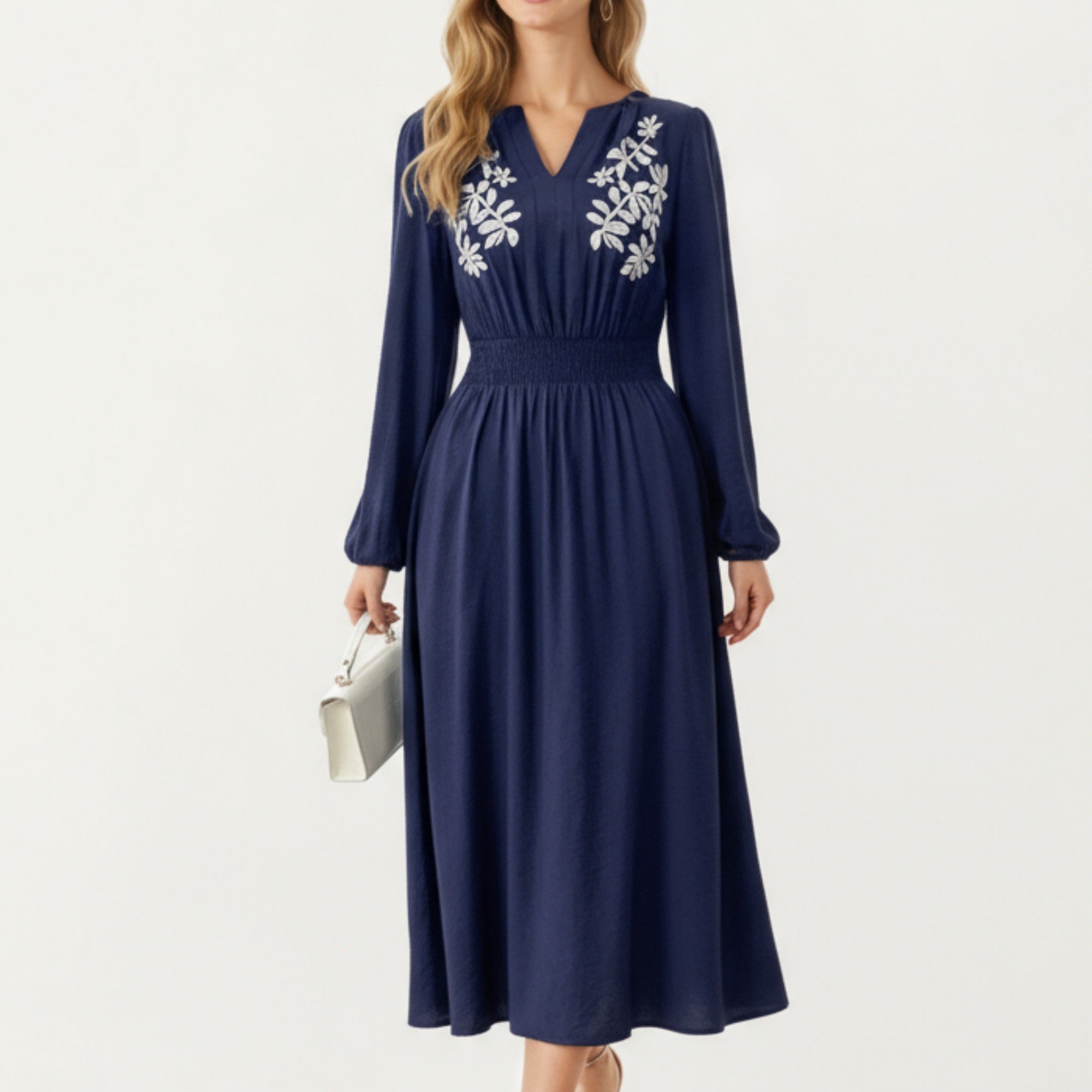 Anna-Kaci Women's Long Sleeve Embroidered Midi Dress with Smocked Waist and Flowing Skirt