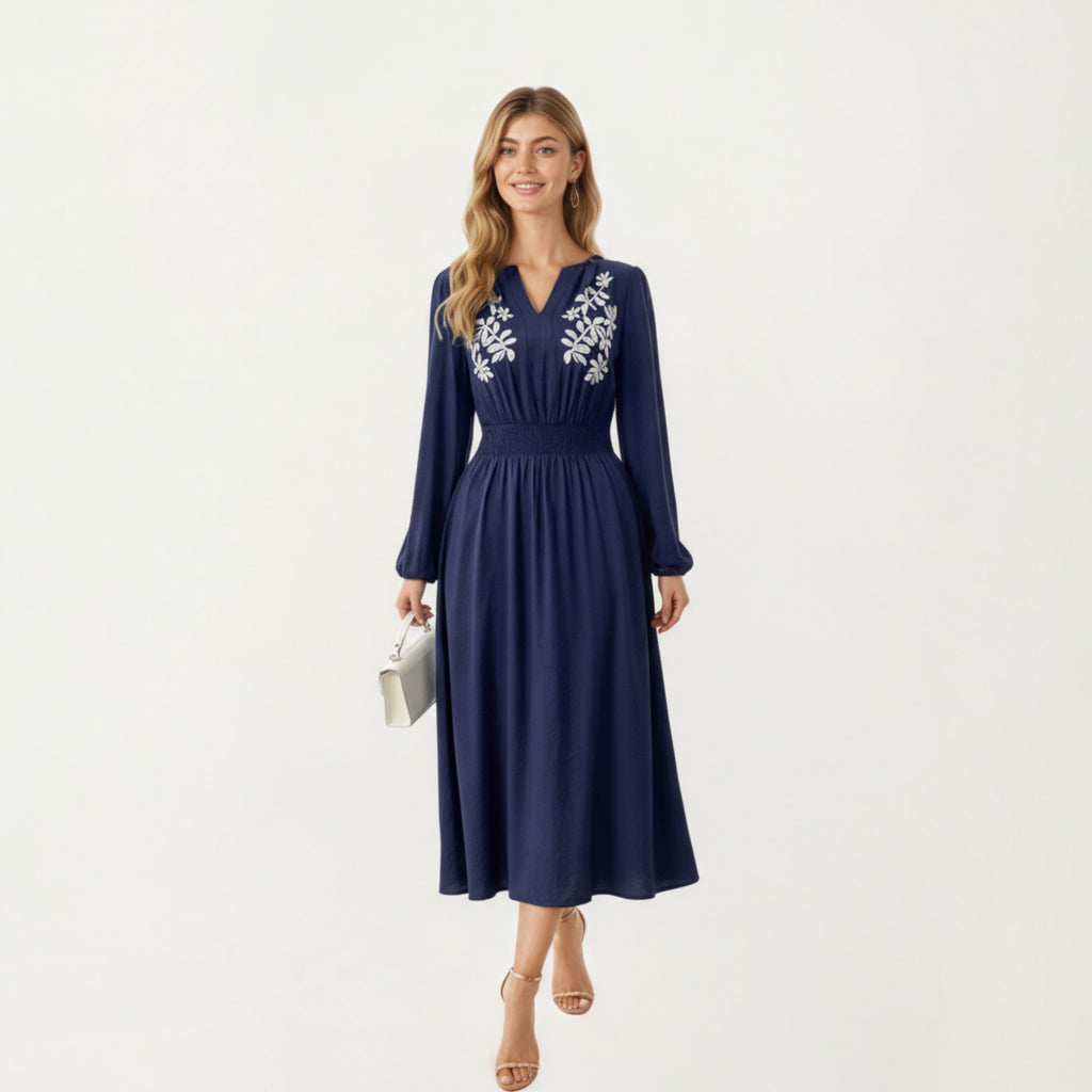 Anna-Kaci Women's Long Sleeve Embroidered Midi Dress with Smocked Waist and Flowing Skirt