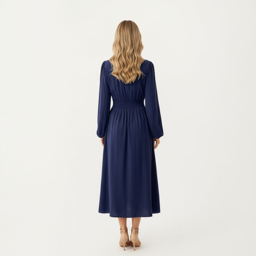 Anna-Kaci Women's Long Sleeve Embroidered Midi Dress with Smocked Waist and Flowing Skirt