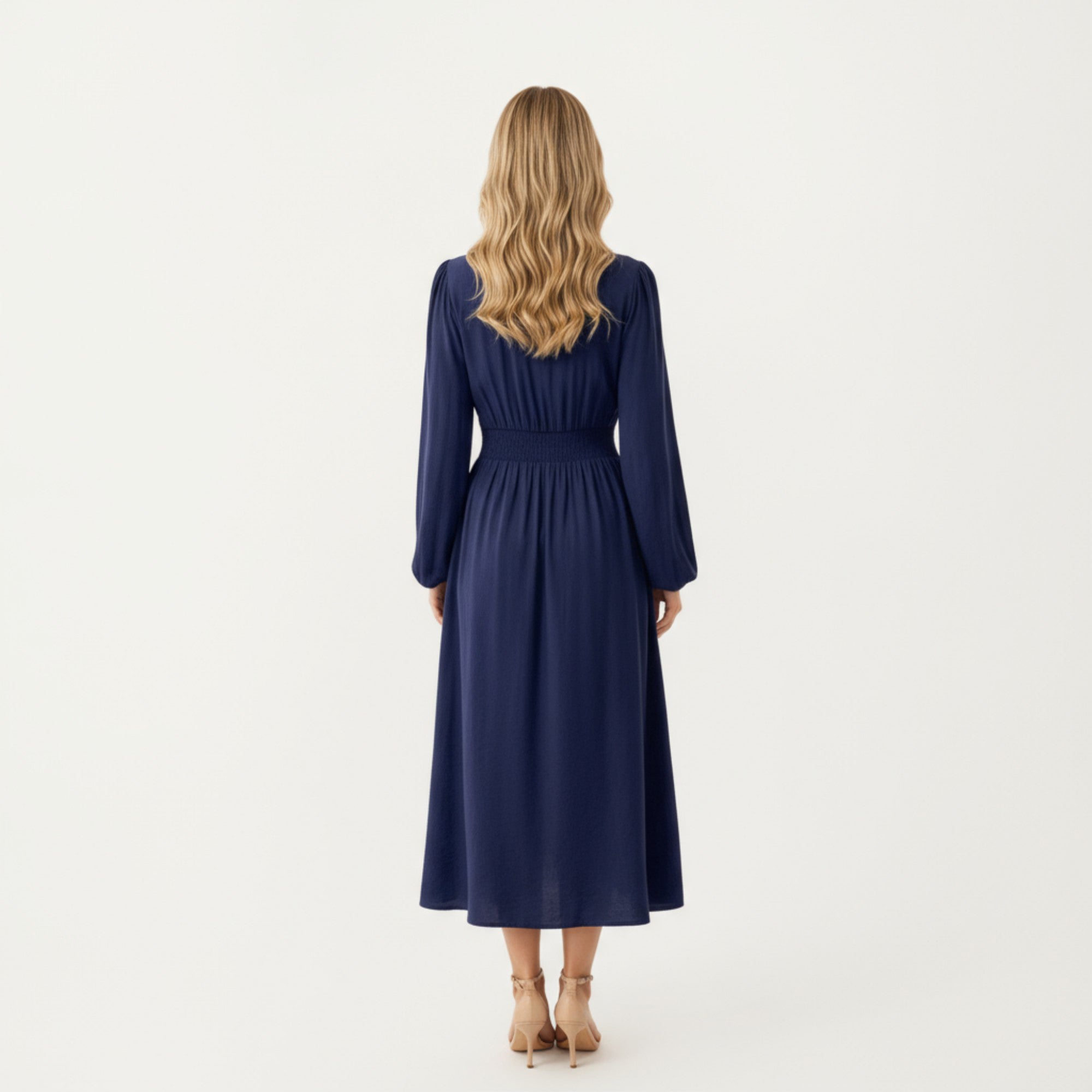 Anna-Kaci Women's Long Sleeve Embroidered Midi Dress with Smocked Waist and Flowing Skirt