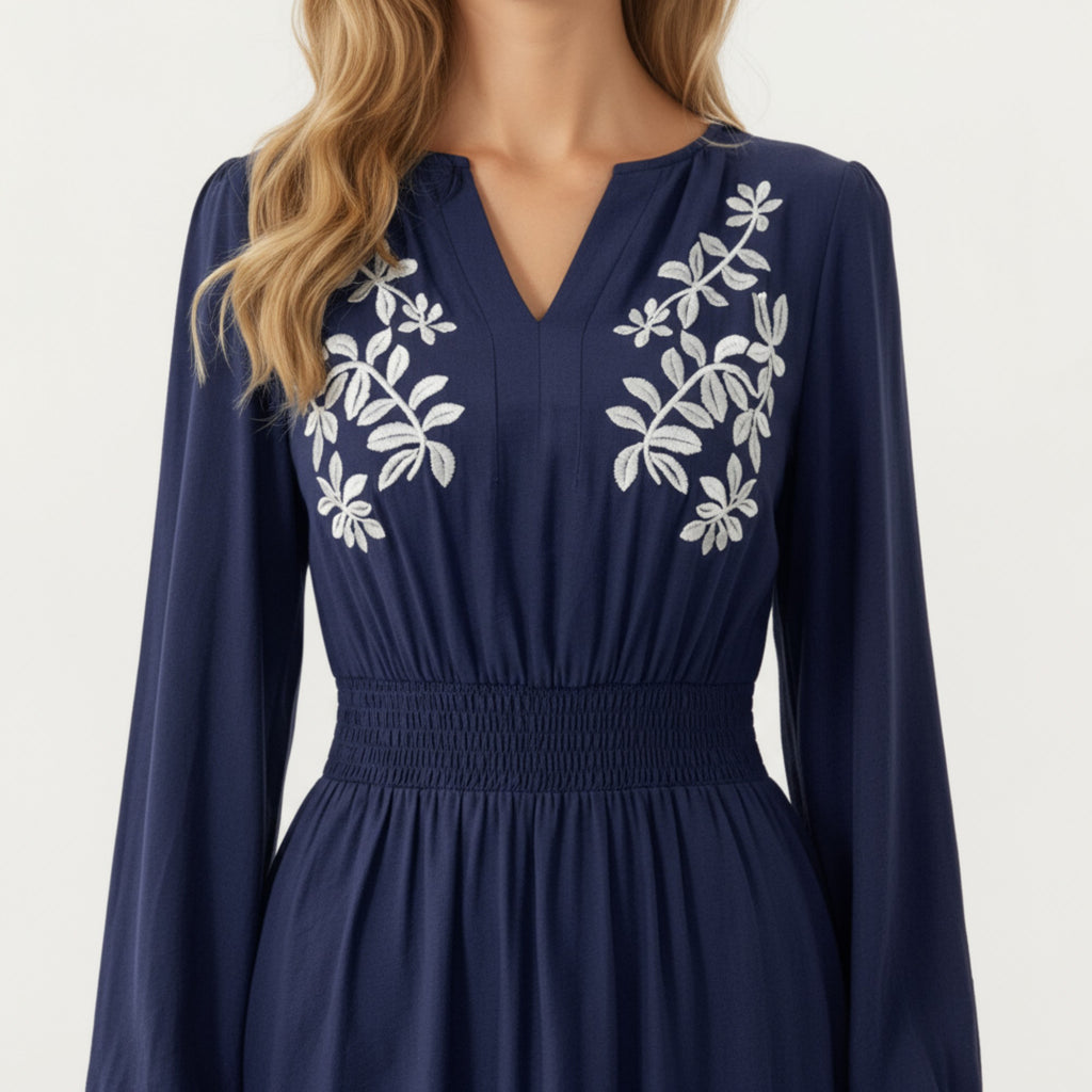 Anna-Kaci Women's Long Sleeve Embroidered Midi Dress with Smocked Waist and Flowing Skirt
