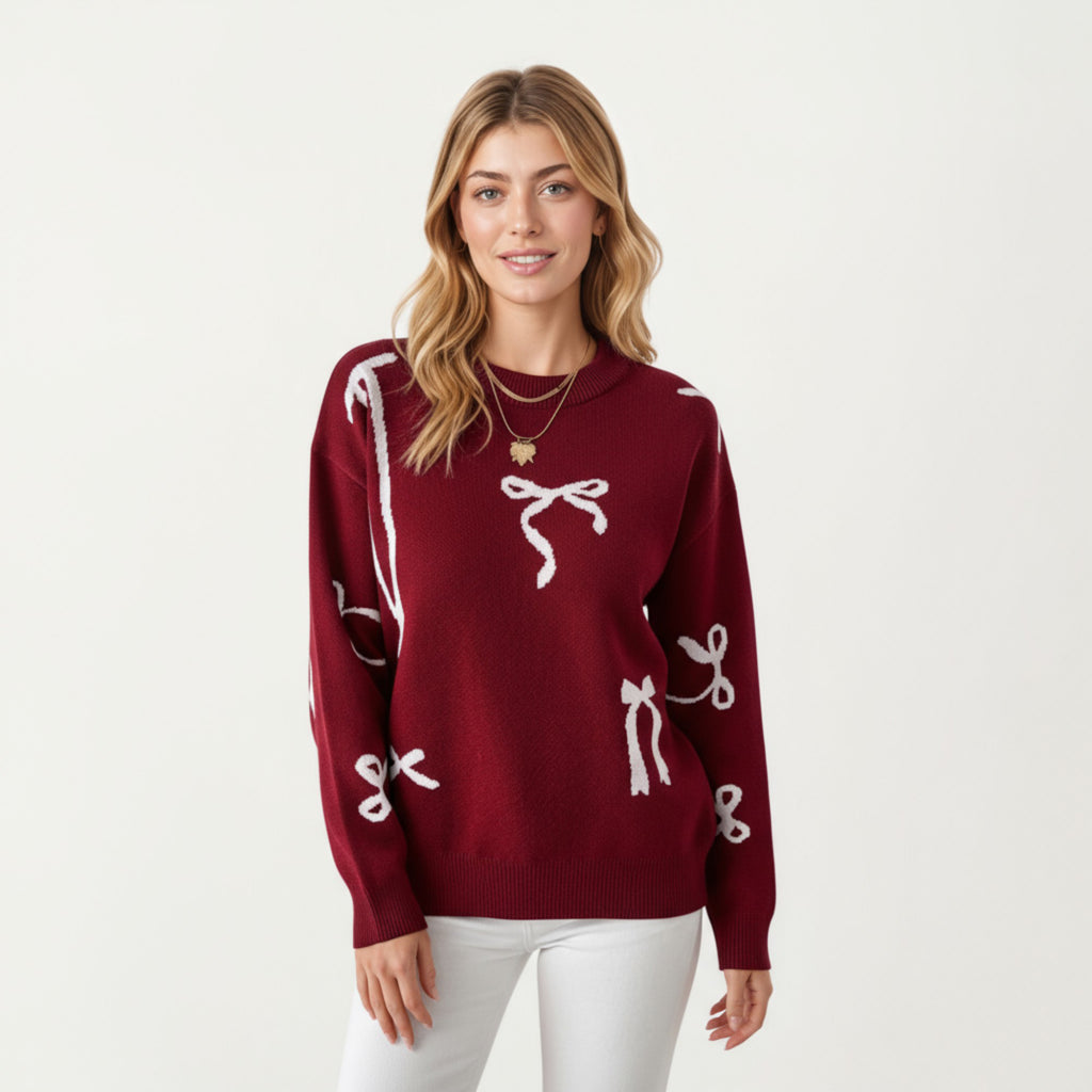 Anna-Kaci Women's Long Sleeve Pullover Sweater with Bow Pattern Design and Ribbed Trim