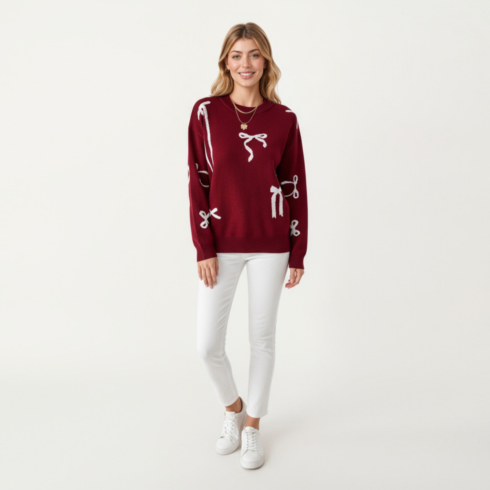 Anna-Kaci Women's Long Sleeve Pullover Sweater with Bow Pattern Design and Ribbed Trim