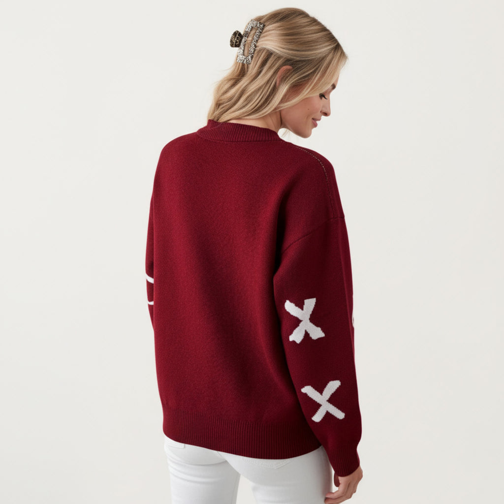 Anna-Kaci Women's Long Sleeve Pullover Sweater with Bow Pattern Design and Ribbed Trim