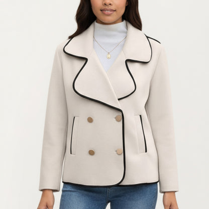 Anna-Kaci Women's Double-Breasted Peacoat Jacket with Contrast Piping and Wide Lapel Collar
