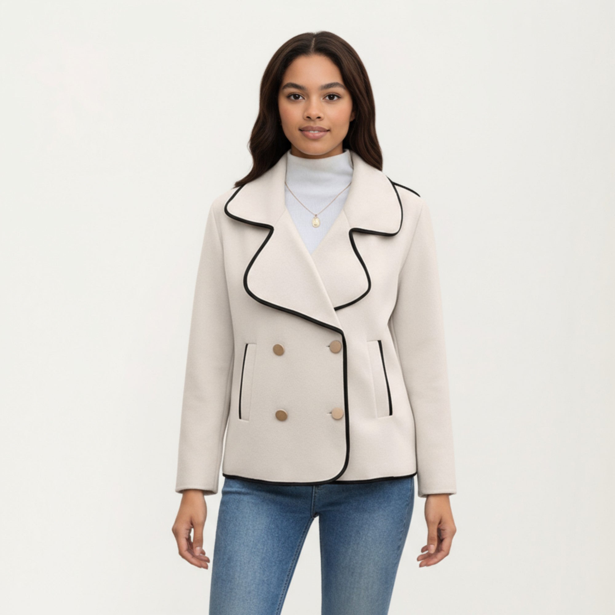 Anna-Kaci Women's Double-Breasted Peacoat Jacket with Contrast Piping and Wide Lapel Collar