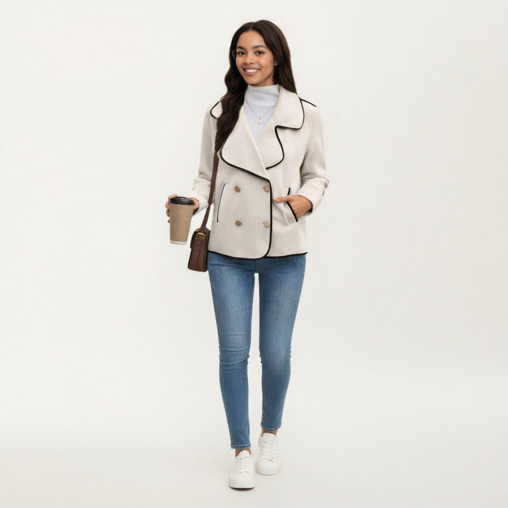 Anna-Kaci Women's Double-Breasted Peacoat Jacket with Contrast Piping and Wide Lapel Collar
