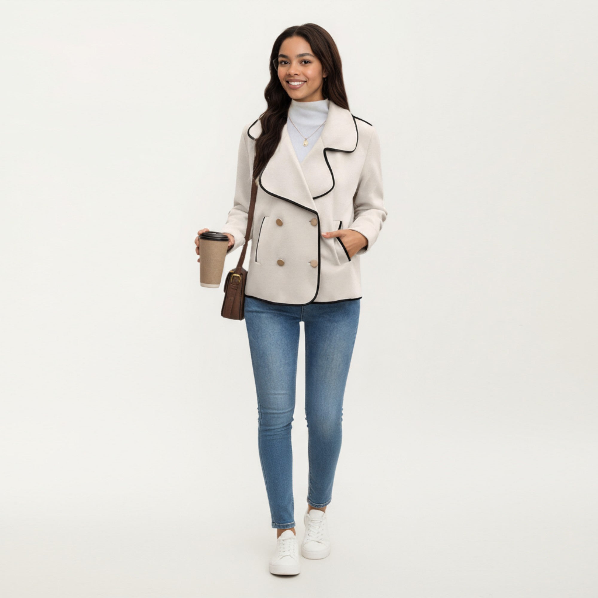 Anna-Kaci Women's Double-Breasted Peacoat Jacket with Contrast Piping and Wide Lapel Collar