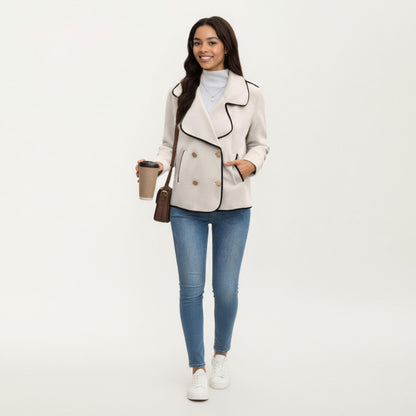 Anna-Kaci Women's Double-Breasted Peacoat Jacket with Contrast Piping and Wide Lapel Collar